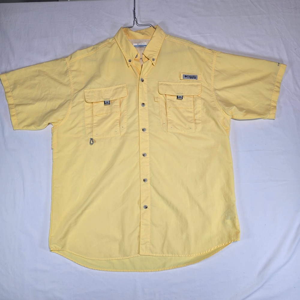 Columbia PFG Bahama II Fishing‎ Shirt Mens Medium Yellow Short Sleeve UPF FM7047